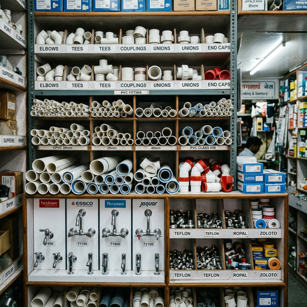 Pipes, plumbing fittings and bathroom products display